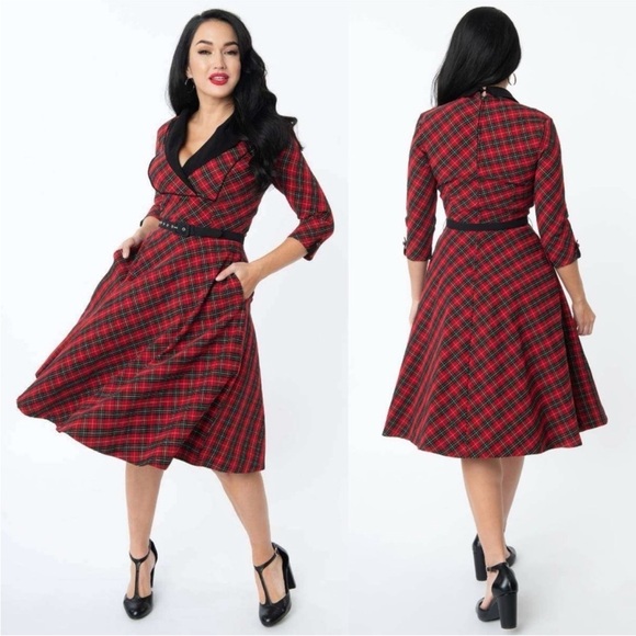 UNIQUE VINTAGE Red/Black Plaid Tartan Trudy 50’s Swing Dress With Belt Sz. 2X/18 - Picture 1 of 15